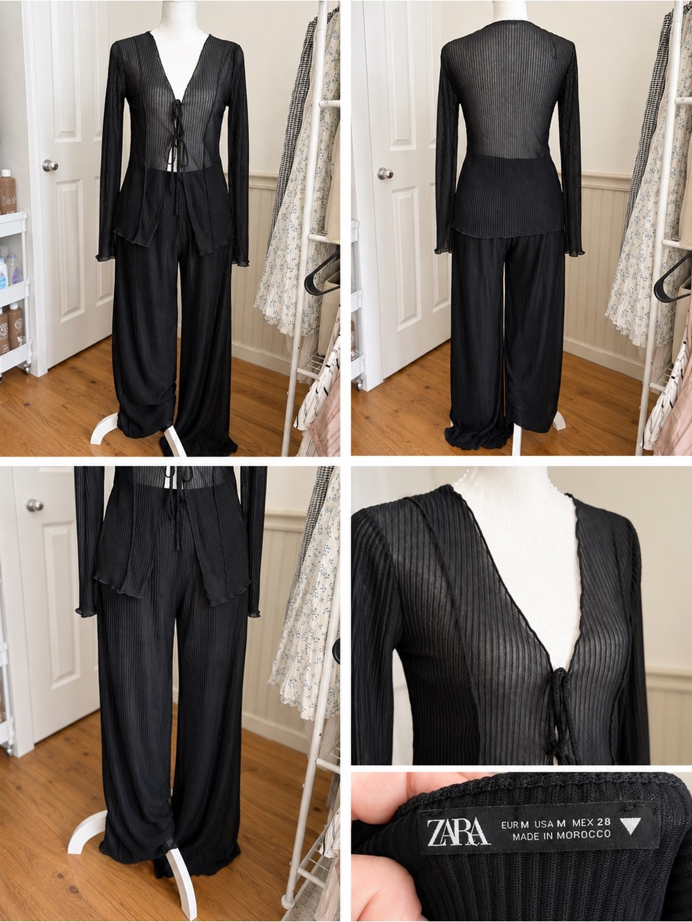 Zara Black Sheer Ribbed Tie-Front Two-Piece Set